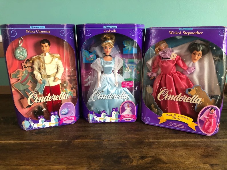 Vintage “Cinderella, Prince Charming Dolls & Stepmother Costume” Disney Classics