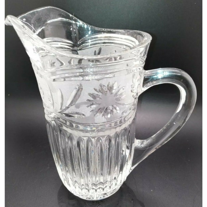 Vintage Crystal Pitcher With Flowers In Frosted Top And Rays 8 tall breakfast