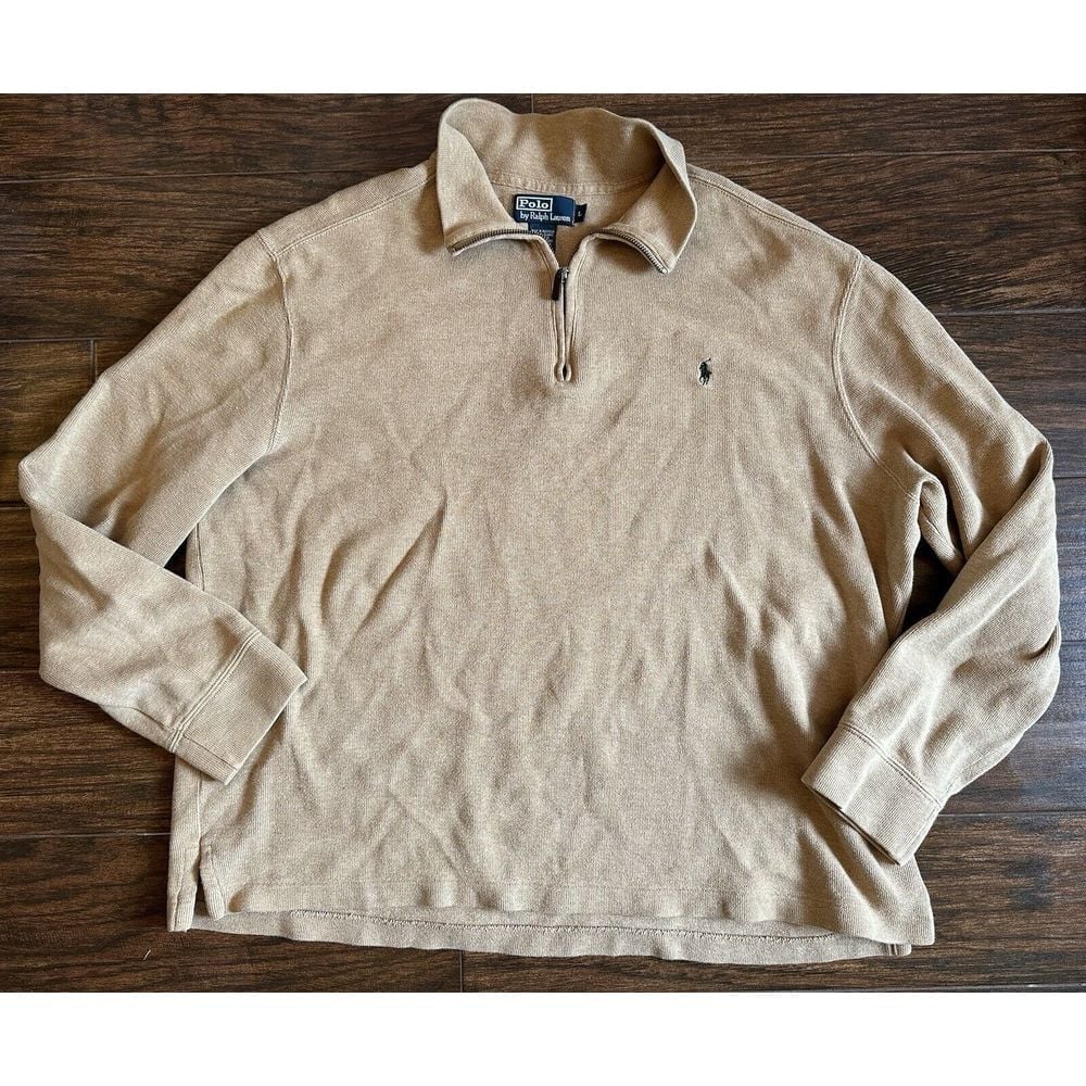 Polo Ralph Lauren Sweater Men Large Tan Brown 1/4 Zip Long Sleeve Pullover Pony