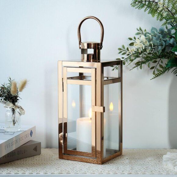 New 12Inch Stainless Steel Metal Candle Holder Lantern with Glass for Home Decor