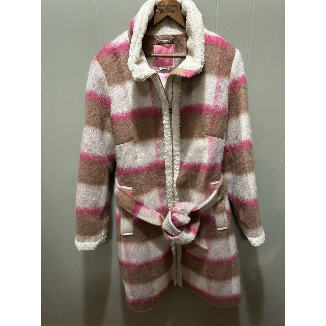 Kate Spade Belted Maxi Wool with Sherpa Detail Buffalo Plaid Coat Women’s Size L