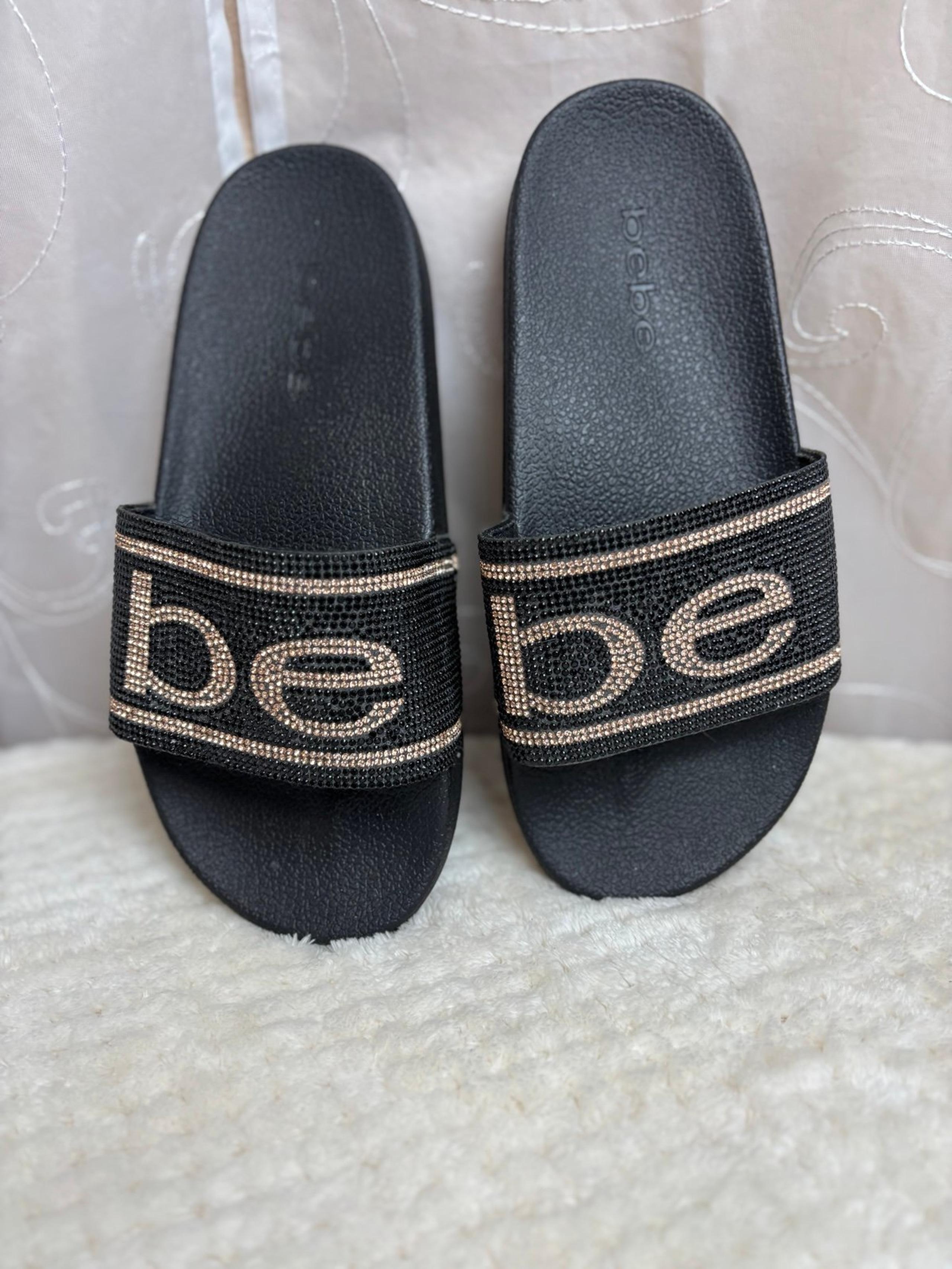 Bebe “Franya” Black/Rose Gold Slip-on Slides, Women’s 9