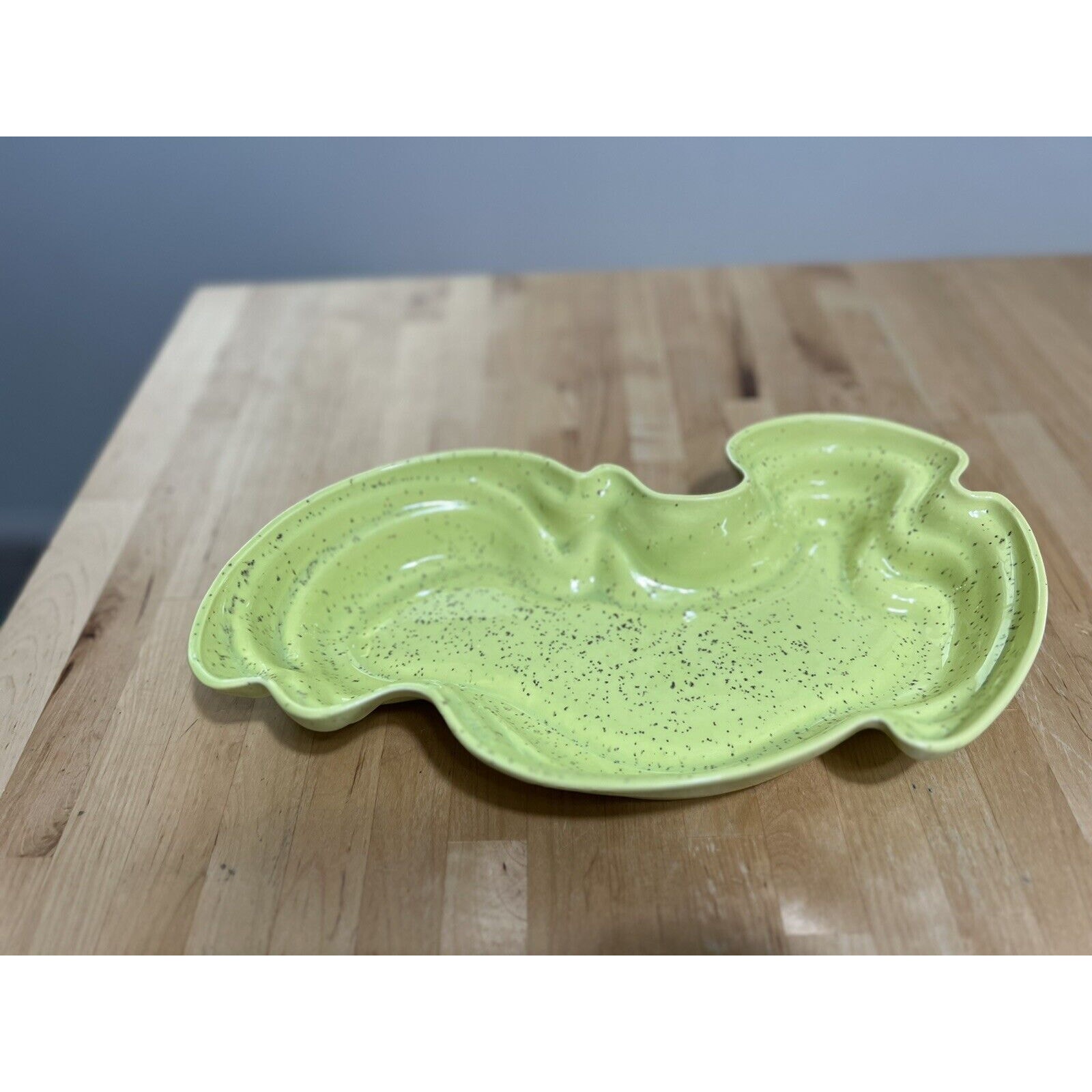 Vintage rare California Pottery Lime Green Speckled Ceramic Bowl 13”