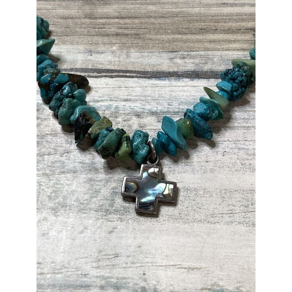 Artisan Sterling Abalone Cross Turquoise Chips Necklace Navajo Southwest 925