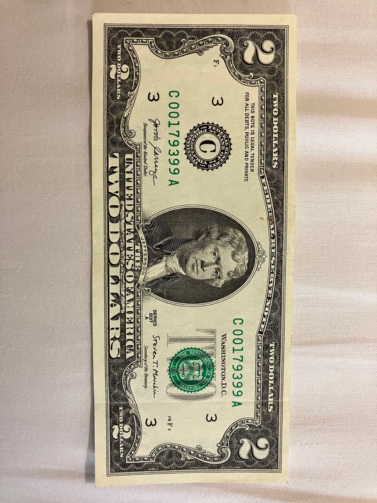 2017A 2 dollar bill fancy low serial number US NOTE! collectible!
