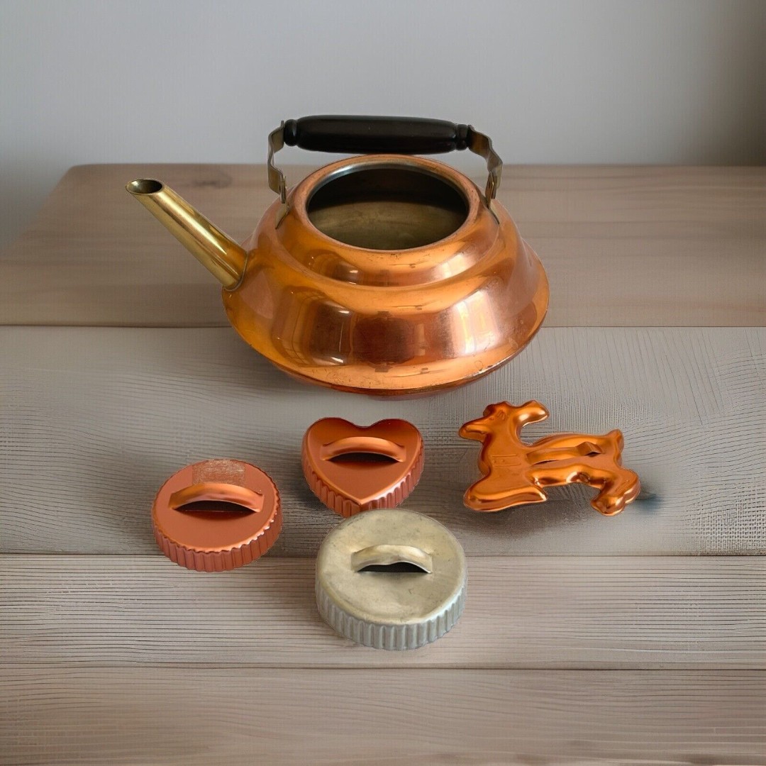 Copper Kettle With Wooden Handle; Vintage Copper And Metal Cookie Cutters