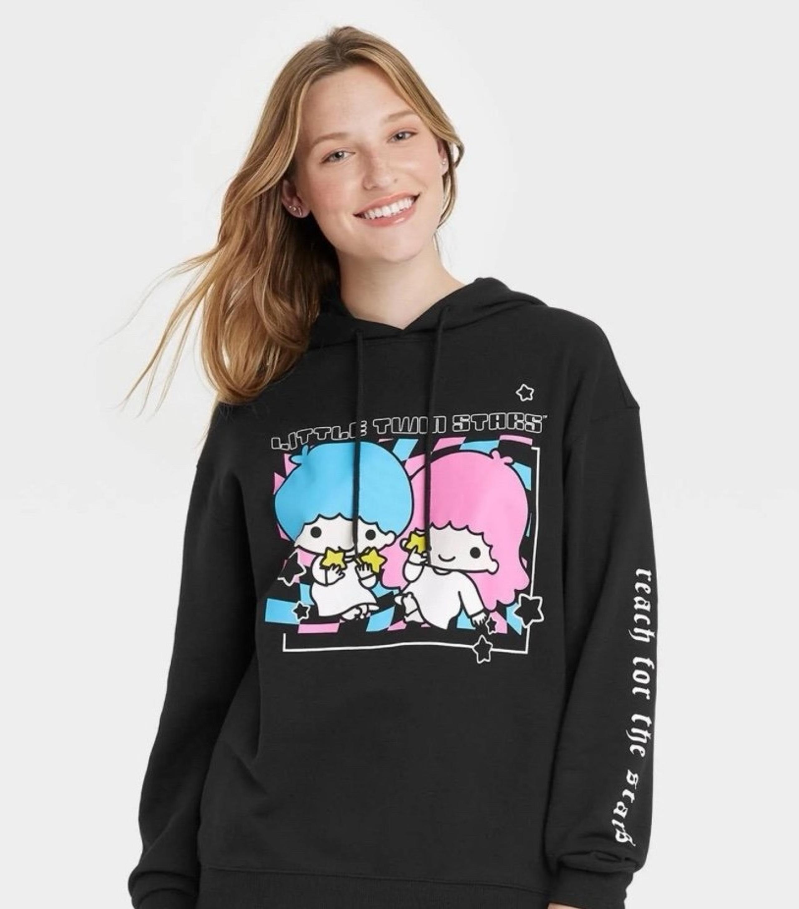 Little Twin Stars Hoodie Women’s  Black Pullover Graphic Sweatshirt Sanrio Sz M