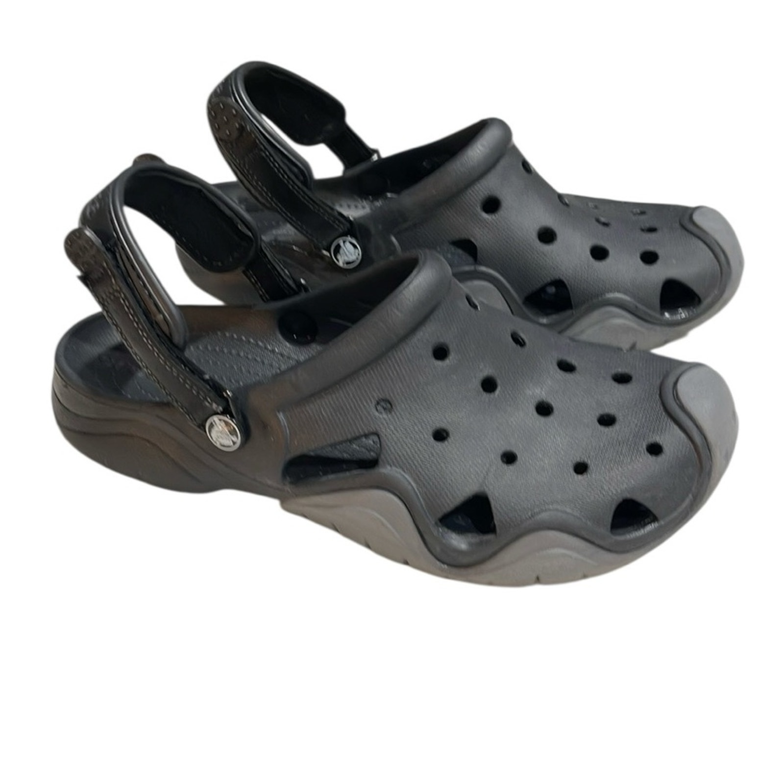 Crocs Men’s Crocket Adjustable Strap Rubber Clogs SZ 10 Black Grey