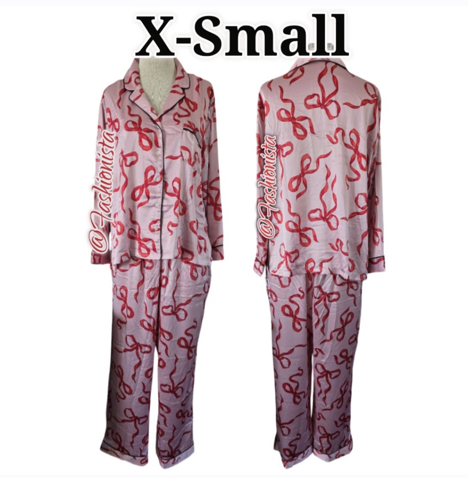NEW X-SMALL VS Glazed Satin Long Pajama Set in Pink with red bows ribbon