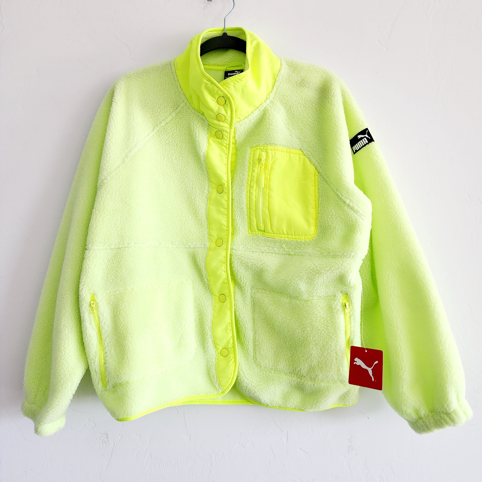 Puma Neon Yellow Button Down Sherpa Fleece Jacket w Pockets Woman's Size Medium