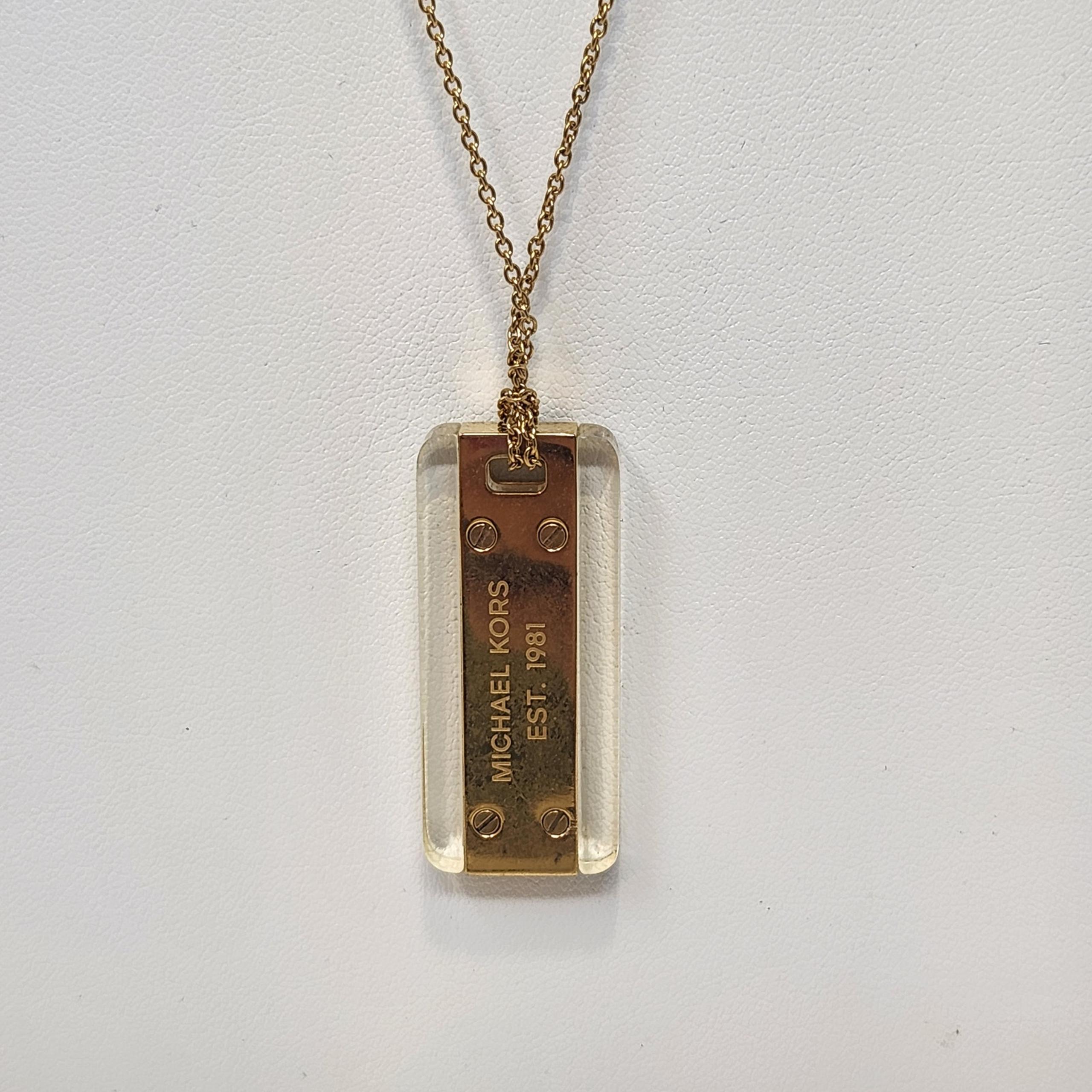 Michael Kors Gold Tone Acetate Logo Dog Tag Pendant Necklace Long Chain Designer
