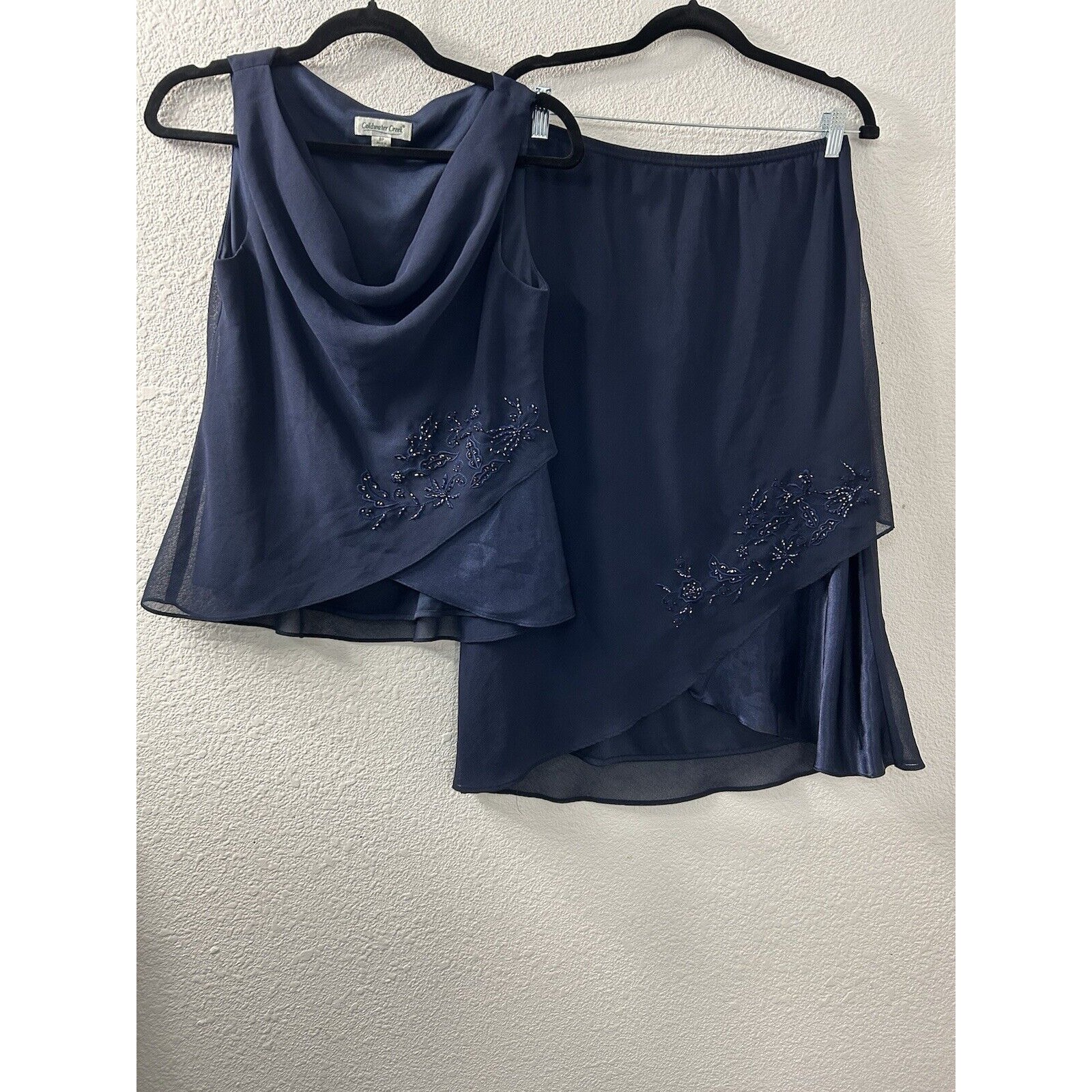 2Pc Set COLDWATER CREEK 8P Navy Blue Skirt Sleeveless Tunic Cowl Neck Fairycore