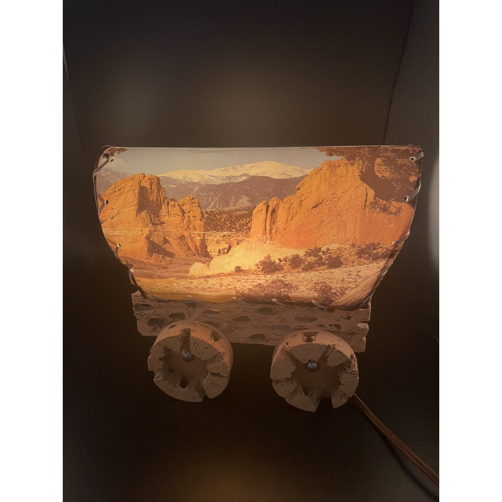 Vintage Western Wood Covered Wagon Lamp Mountains