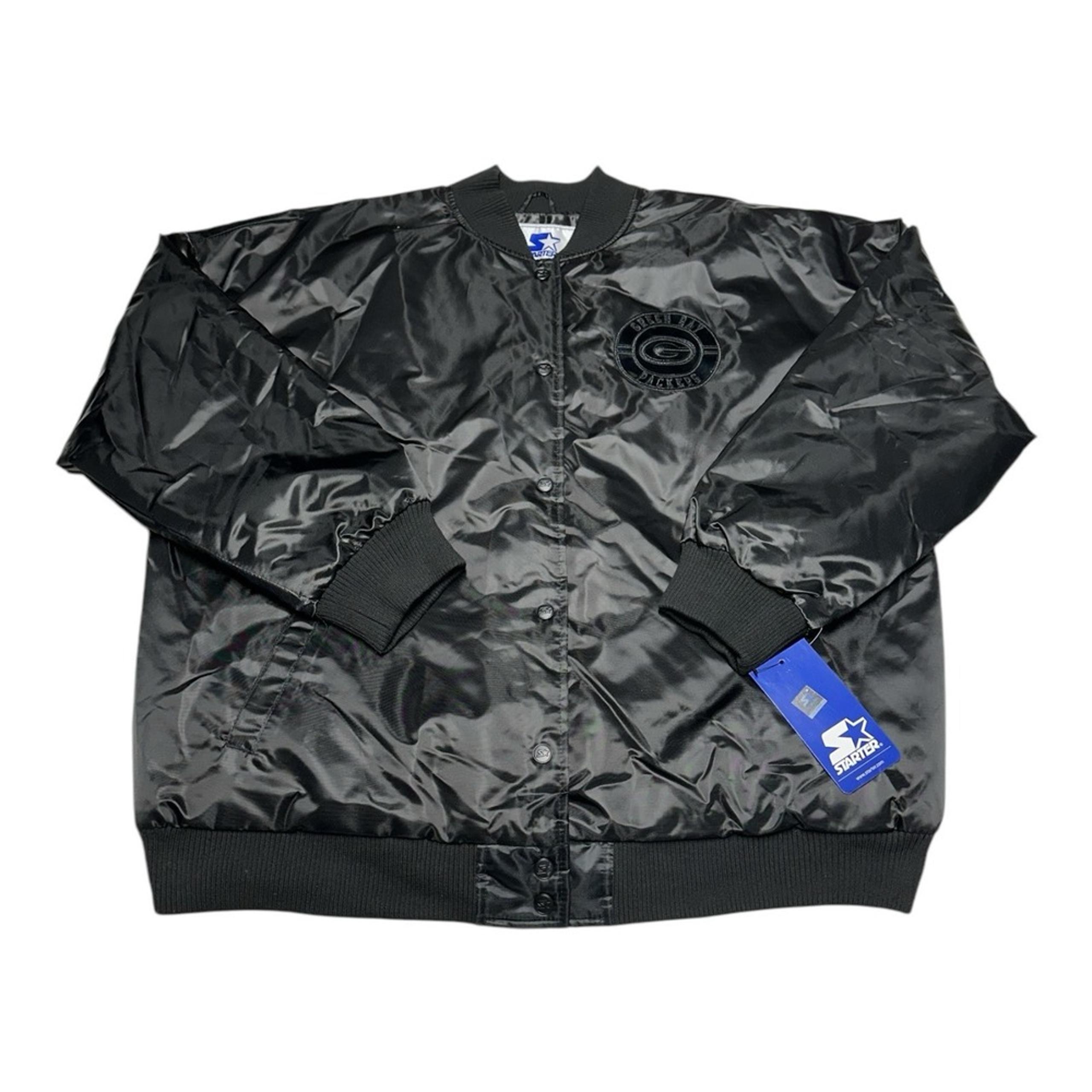 Starter Green Bay Packers Jacket Mens Sz M Black NFL Football Faux Satin Bomber