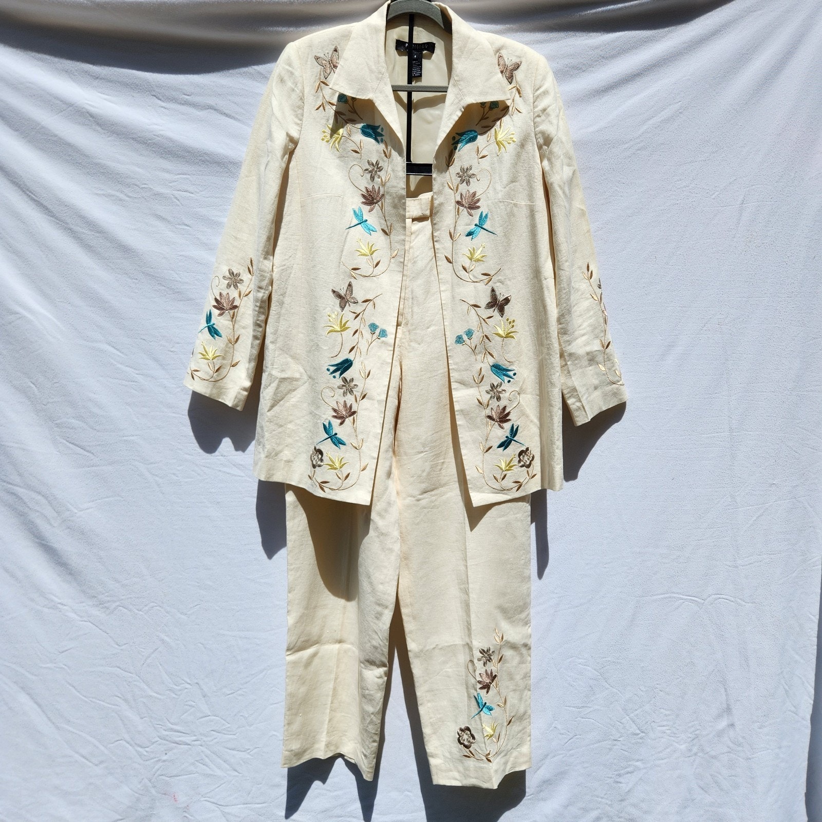 Vintage 100% Linen Set Embroidered Floral By Parisian Signature Women's Size 8