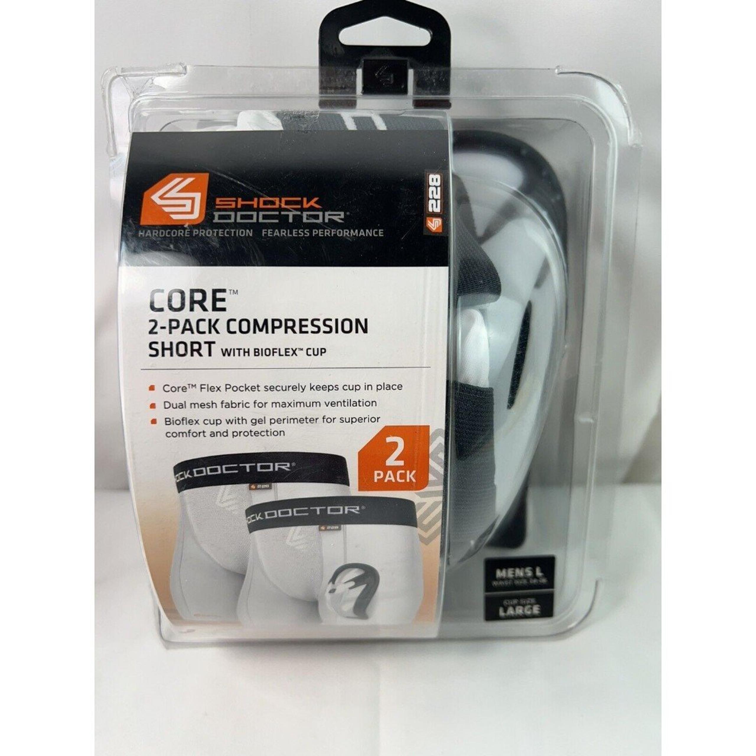Shock Doctor Men Core Compression Shorts 2-Pack with Bio-Flex Cup - White Sz L