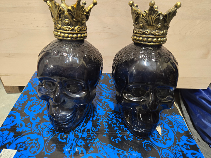Pair of Black Glass Crowned Skulls with multi-colored LEDs