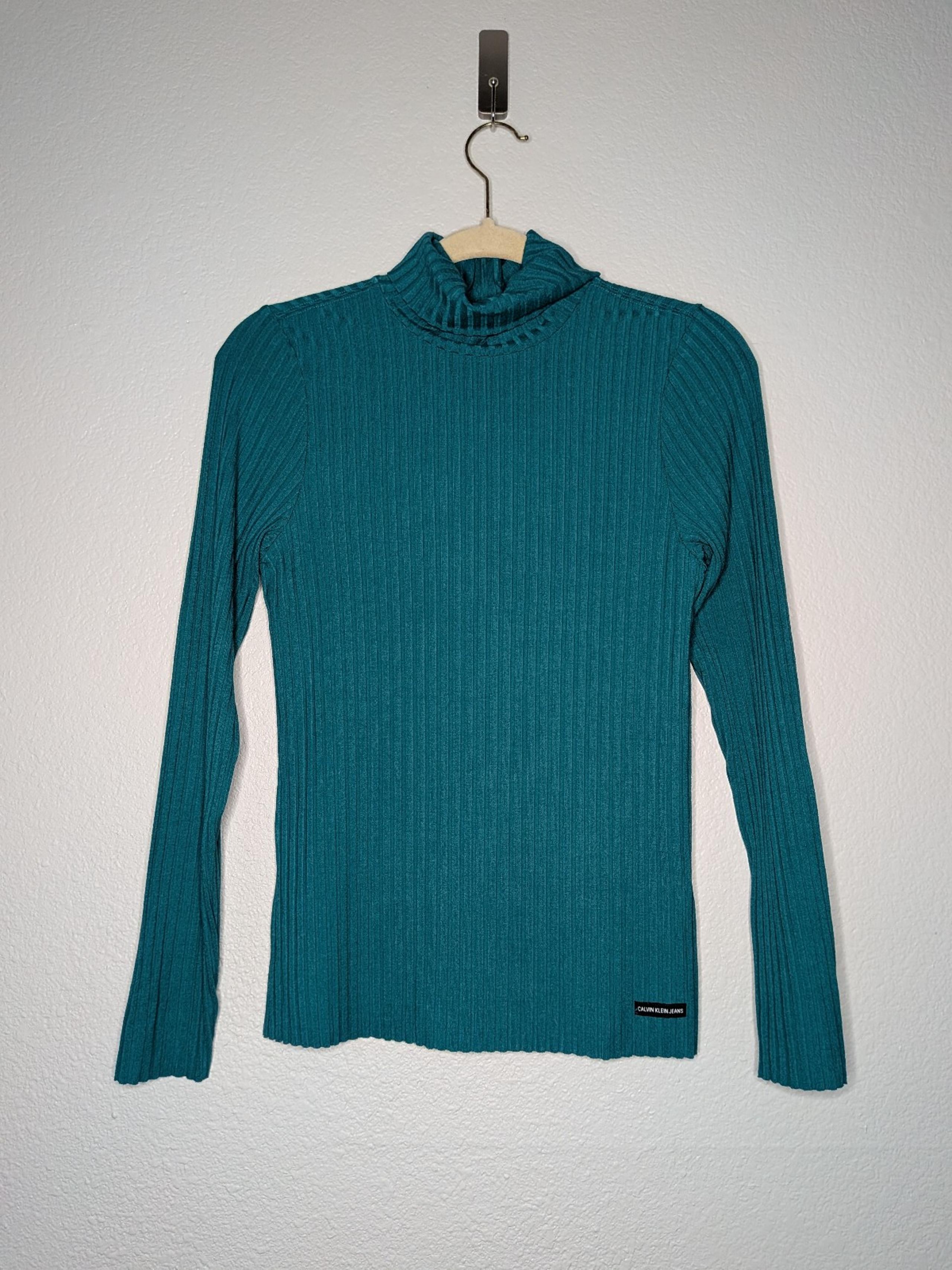 Calvin Klein Womens Teal Blue Turtleneck Ribbed Top M NWT