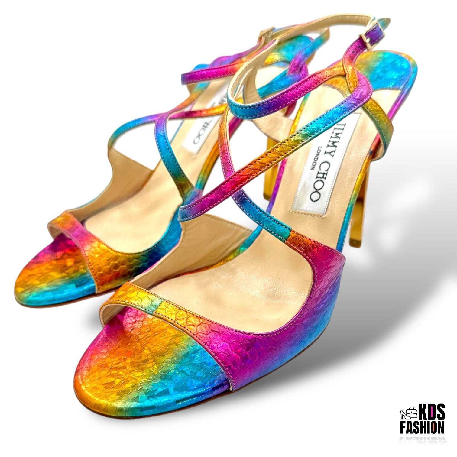 Jimmy Choo Python Embossed “Panama” Rainbow Strappy Stiletto Heels EU 39 US 8.5