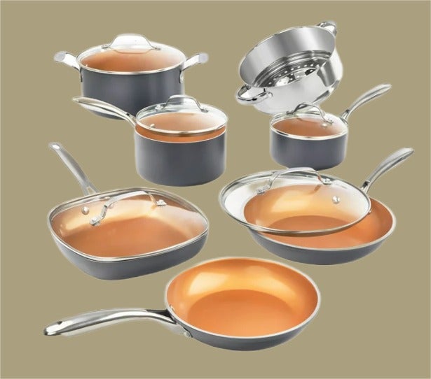 12 Piece Cookware Set, Non-Stick Copper Coating, Includes Skillets