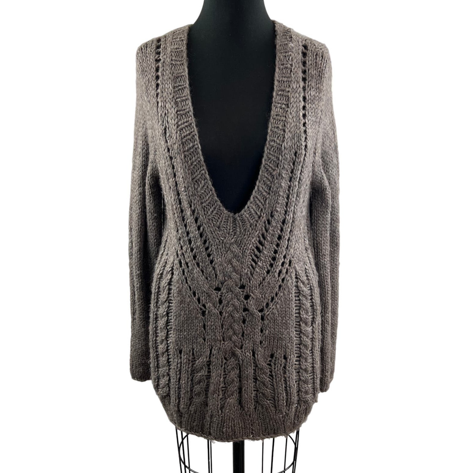 DUFFY Brown Gray Wool Alpaca Blend Cable Knit Deep V-Neckline Sweater Size L