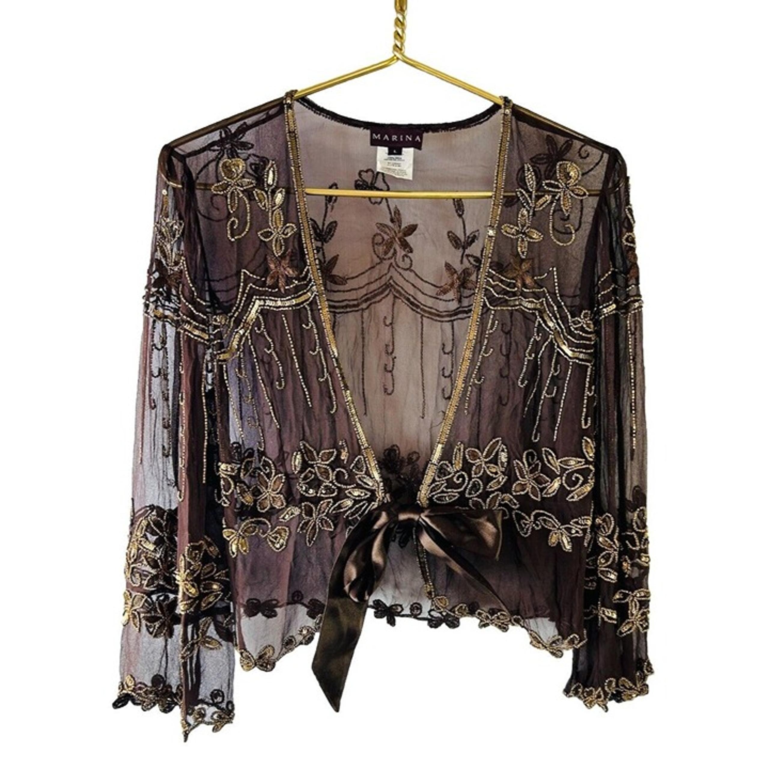 Vintage Y2K Womens Large Sheer Silk Floral Embellished Jacket Fairy Whimsigoth