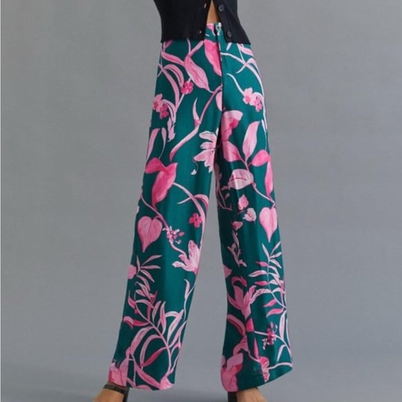 Anthropologie Tropical Floral Breezy Printed Straight Wide Leg Pants