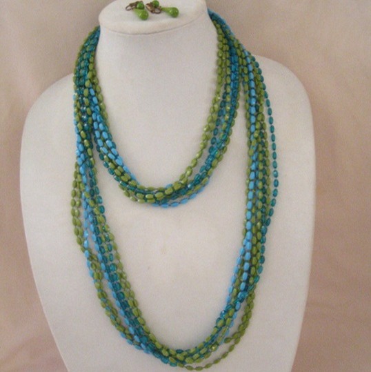 Retro 1960s Aqua Blue Green 8 Strand  Necklace - Flapper Long 50" ~ Clip Earring