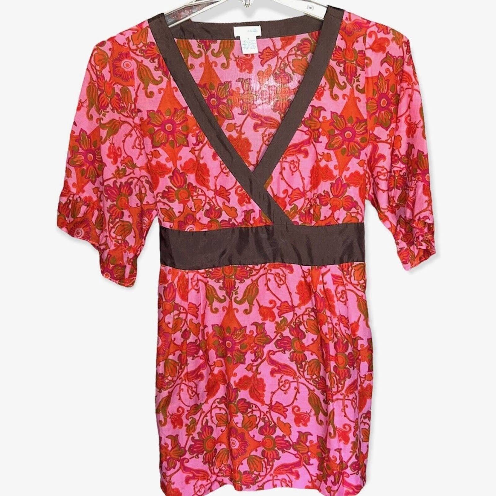 ANTHROPOLOGIE ODILLE PINK FLORAL COTTON SILK TUNIC TOP 4 BROWN SASH