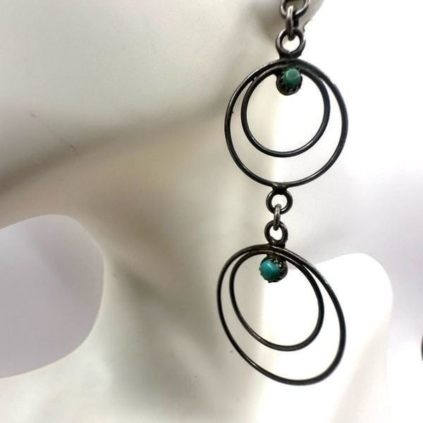 Sterling silver and turquoise double circle long drop earrings