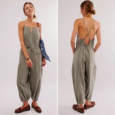 Free People Verona Bare Stripe One-Piece Jumpsuit Overalls S Boho Cottage Casual