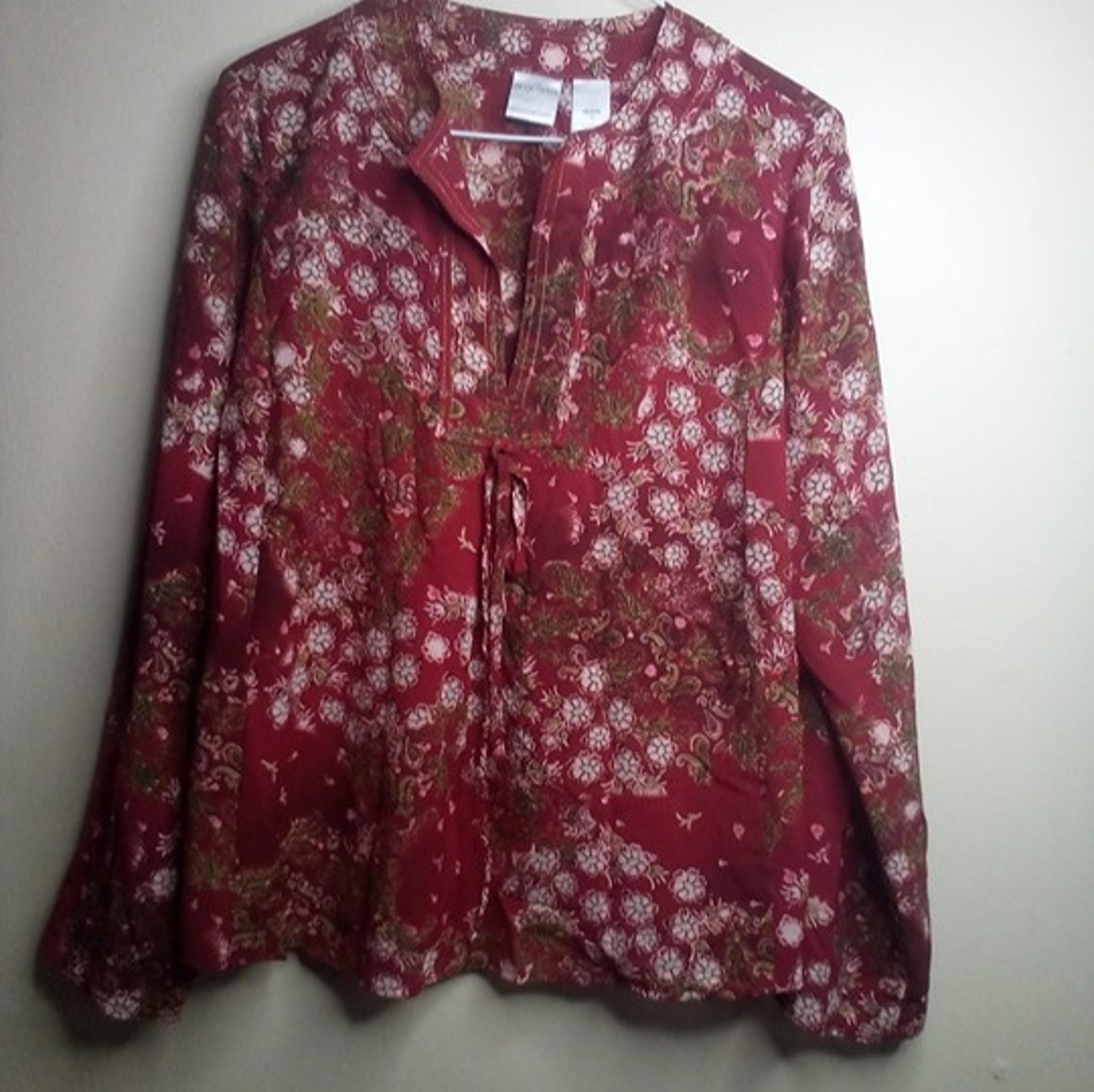 Emma James Blouse 12 Petite Long Sleeve V-Neck Floral Red Green