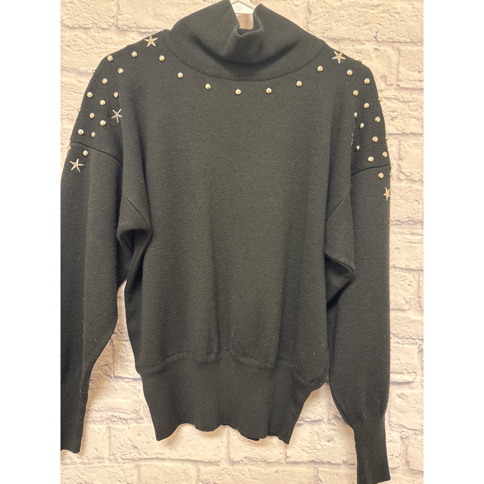 Meister Vintage 80s Women's Black High Neck Sweater Silver Stud Details SZ MED