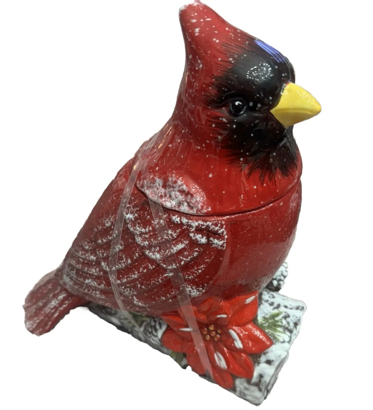 CHRISTMAS HOLIDAY WINTER LARGE RED CARDINAL ON LOG COOKIE JAR
