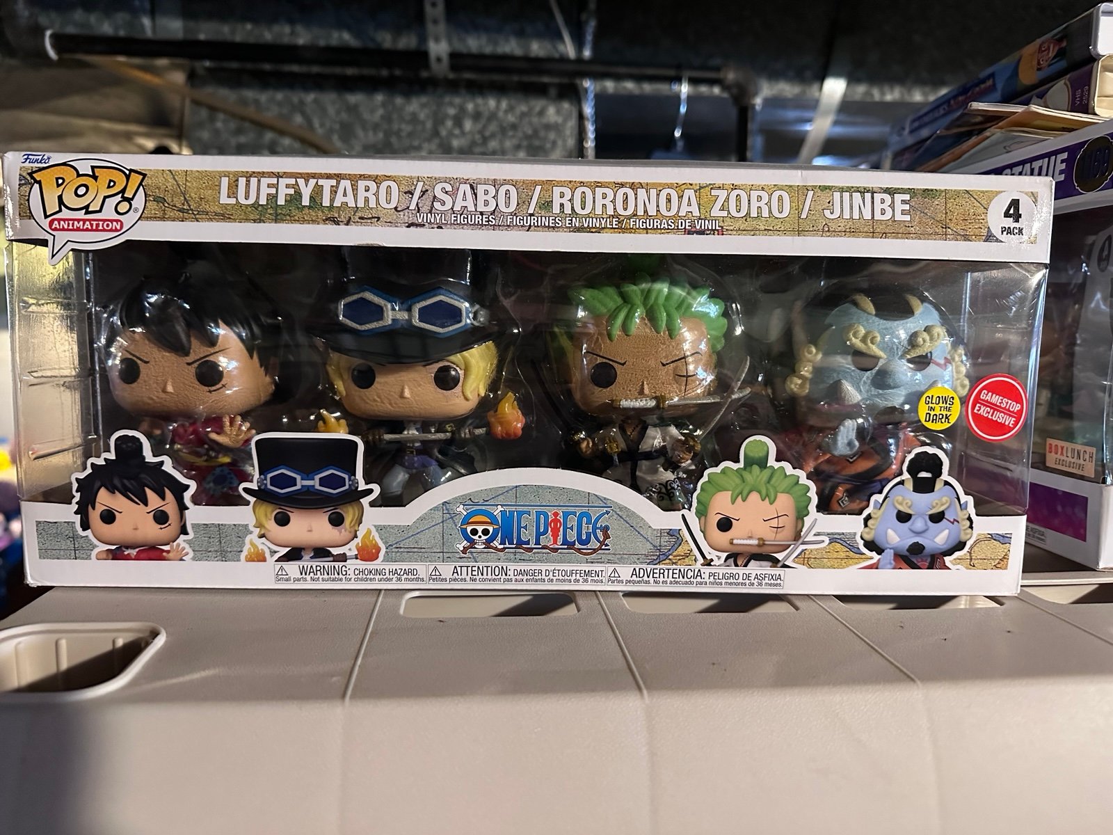 Funko Pop One Piece Luffytaro Sabo Roronoa Zoro Jinbe 4 Pack Gamestop Glow Dark