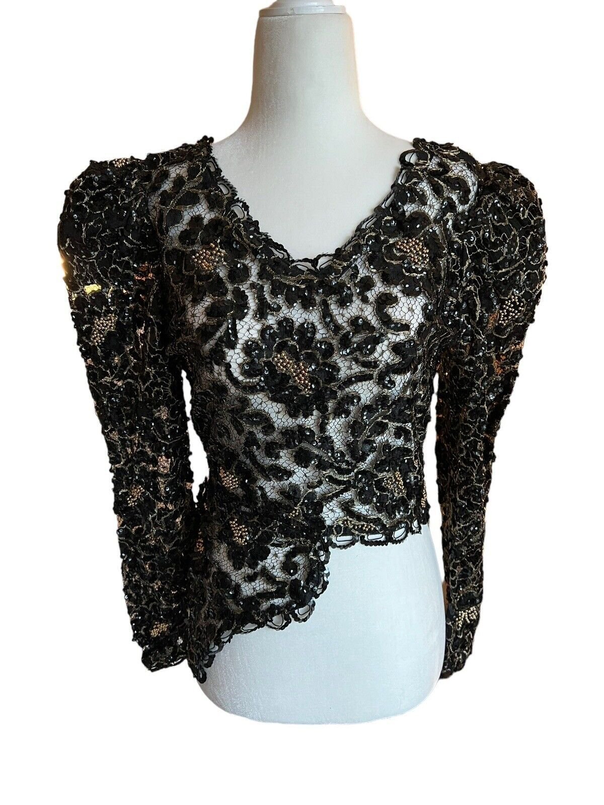 VINTAGE Capriccio Size10 Beaded Top Zipper Sequin Lace Sheer Asymmetrical Sexy