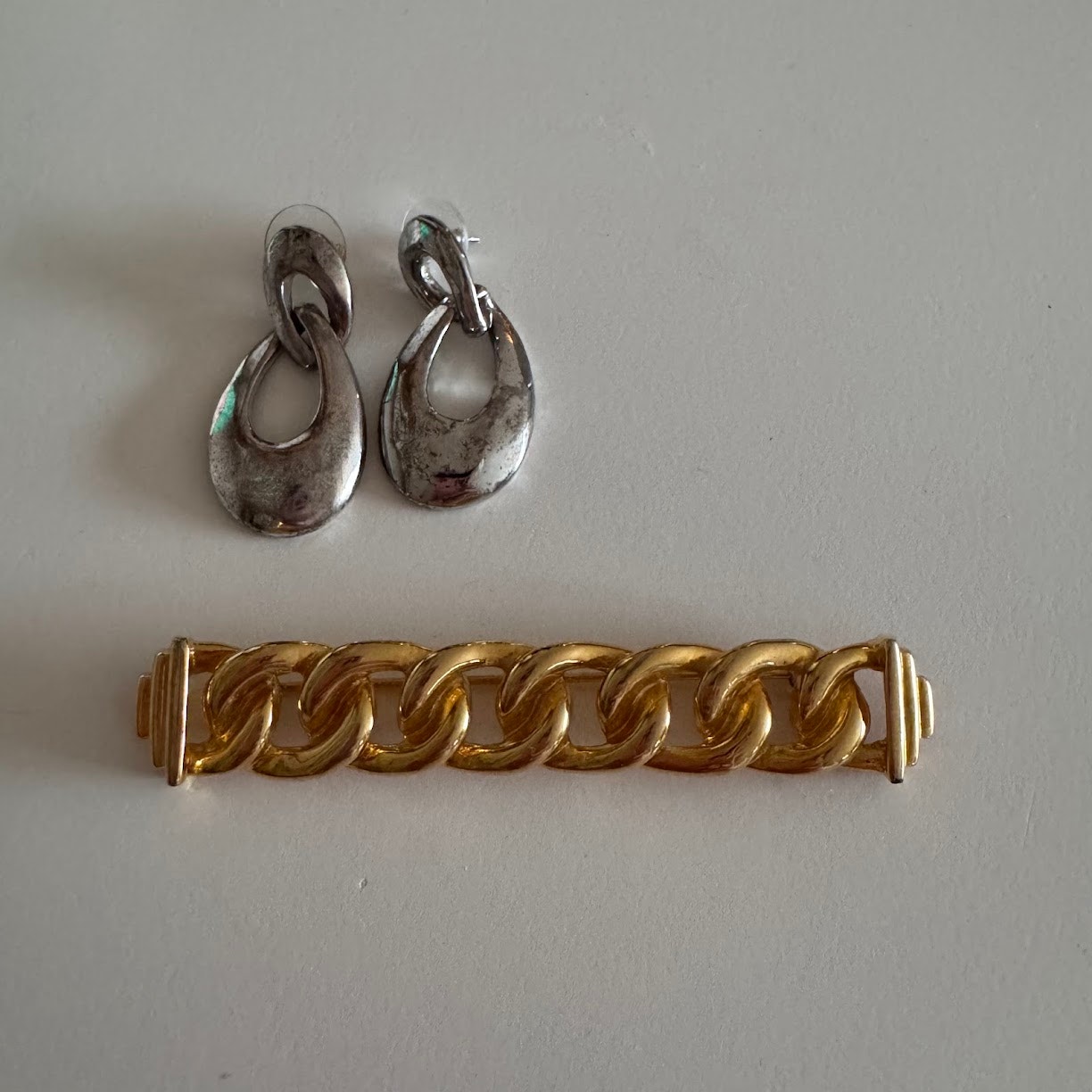 Vintage Givenchy Costume Jewelry GoldTone Braided Bar Brooch and Silver Earrings