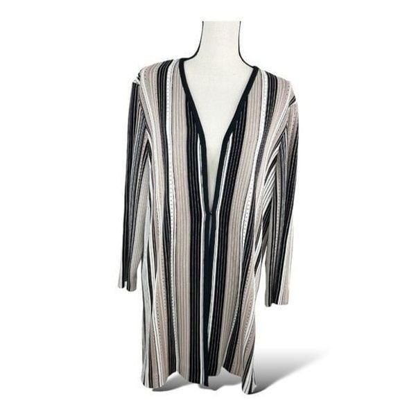 MING WANG Taupe/Black/White Open Front Knit Duster Long Sleeve Jacket - Size 1X