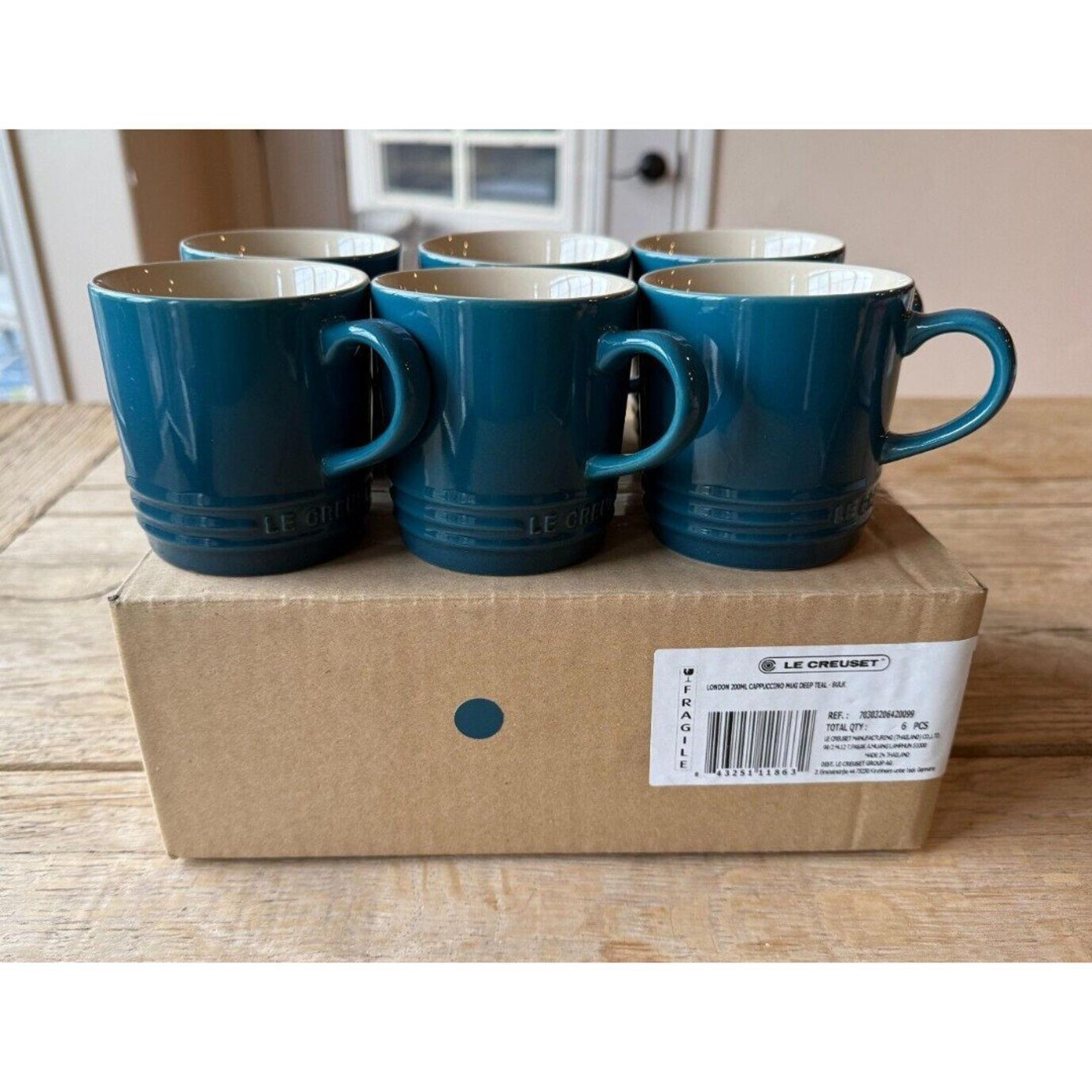 Le Creuset Stoneware Set of 6, 6oz London Cappuccino Mugs Deep Teal NEW