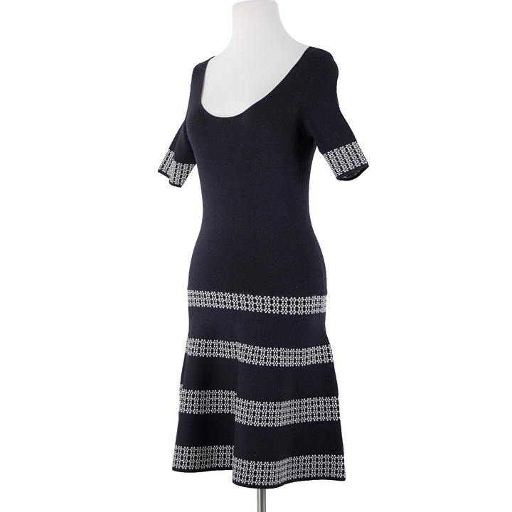 Ann Taylor NEW 149 Sz XS Blue White Tight Knit Fit Flare Rayon Nylon Dress