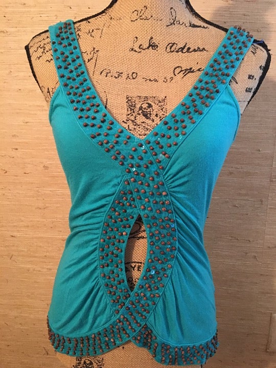 Charlotte Russe Emerald Beaded/sequins Cut Out Tank Top Size S