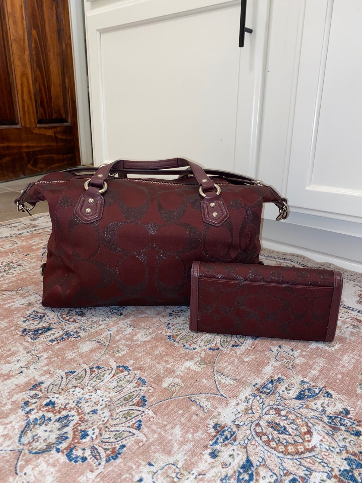 Coach Campbell Signature Metallic outlet Legacy Satchel in Bordeaux F26243