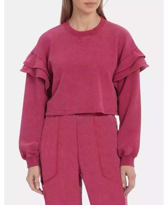 New 7 For All Mankind Women's Sweatshirt L Berry Cropped Ruffle Sleeve BNWT