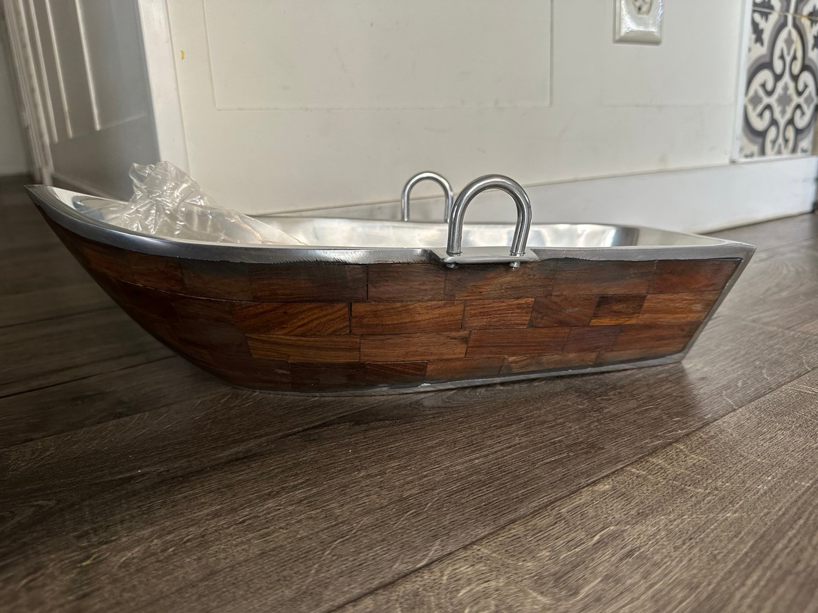 Godinger wood lined Silver Row Boat Salad Serving Bowl w/ Wood Utensils