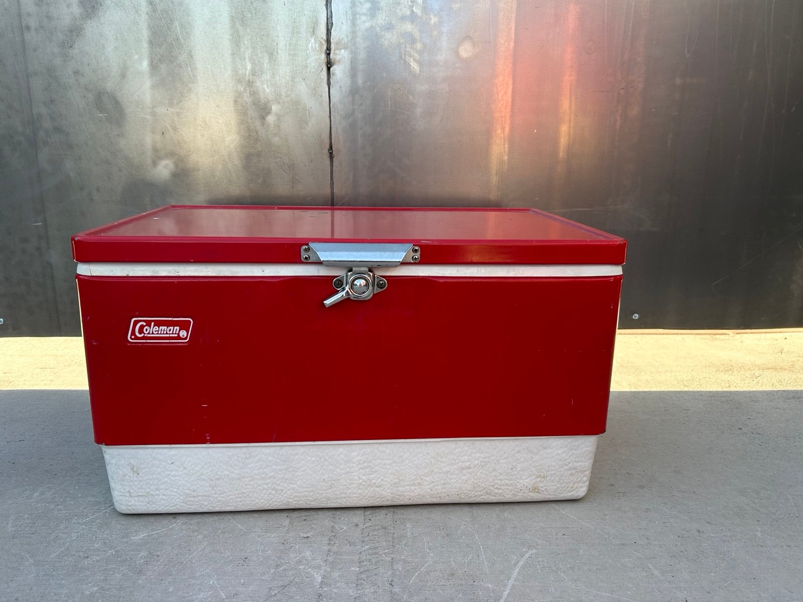 Vtg 70s - 80s Red Metal Coleman Cooler Chest with Handles Camping Props
