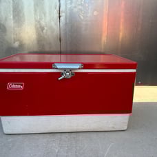 Vtg 70s - 80s Red Metal Coleman Cooler Chest with Handles Camping Props