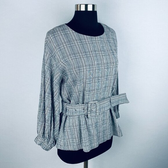 Zara TRF Collection Black & White Plaid Balloon Sleeve Belted Women's S Top