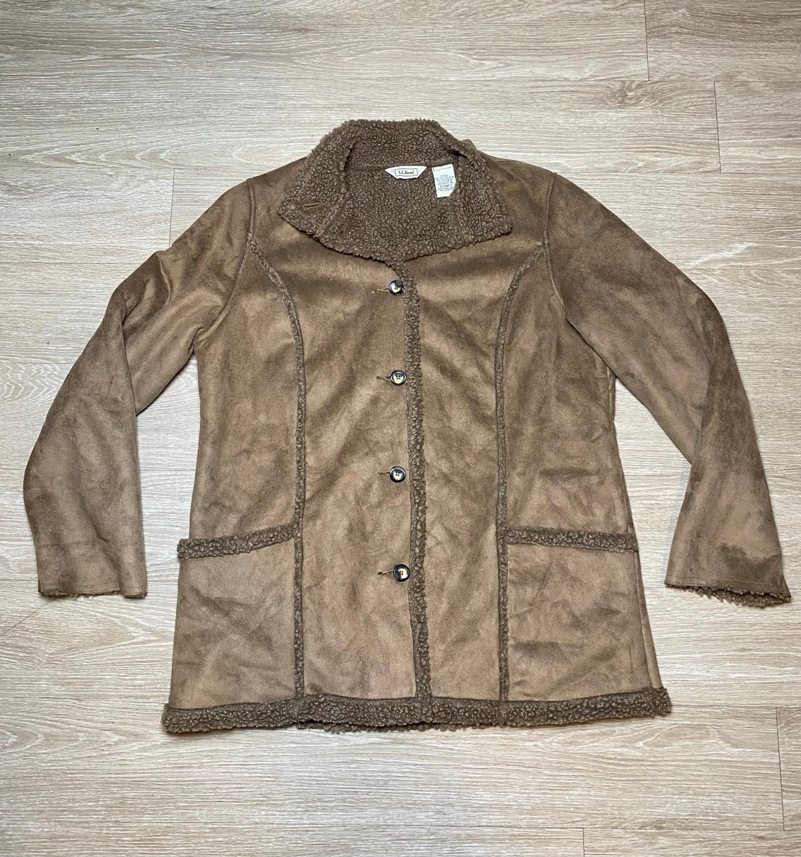 Vintage LL Bean Jacket Womens XL Brown Faux Suede Fleece Lined Coat Button Up