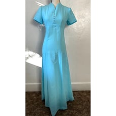 Vintage 1970s Handmade Turquoise Blue Maxi Dress Sm Empire Waist Party Cocktail