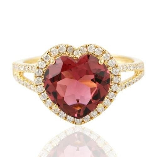 5.30Ct Natural Heart Shape Pink Topaz & Diamond Halo Solitaire Ring 14k Yellow